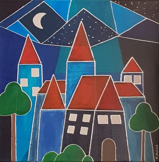 Kleine Altstadt bei Nacht (Acrylfarbe auf 3D-Leinwand, 40x40x5cm)