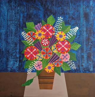 Ein geometrischer Blumenstrauß (Acrylfarbe und Pastellkreide auf Urban Sketching-Leinwand, 80x80cm)
